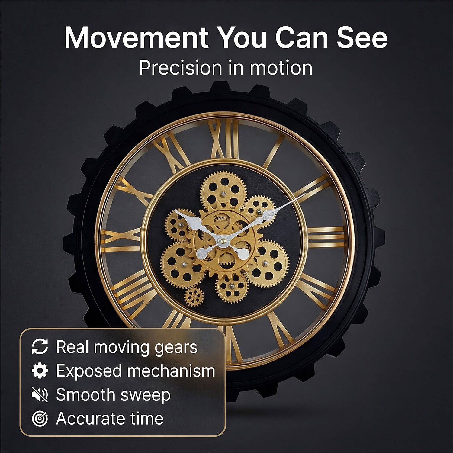 Rotating Gear Wall Clock Powered by 3 x AA Batteries (Not Included) - Black 50cm Diameter
