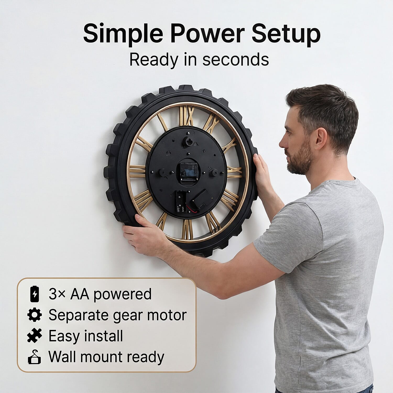 Rotating Gear Wall Clock Powered by 3 x AA Batteries (Not Included) - Black 50cm Diameter