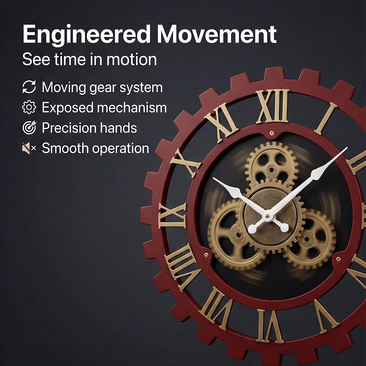 Rotating Gear Wall Clock Powered by 3 x AA Batteries (Not Included) - Red 50cm Diameter