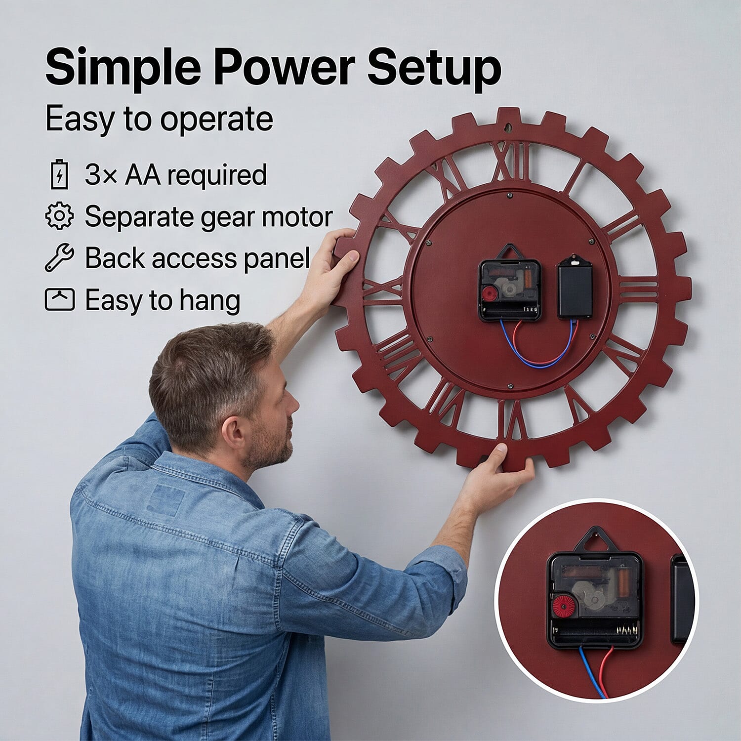 Rotating Gear Wall Clock Powered by 3 x AA Batteries (Not Included) - Red 50cm Diameter