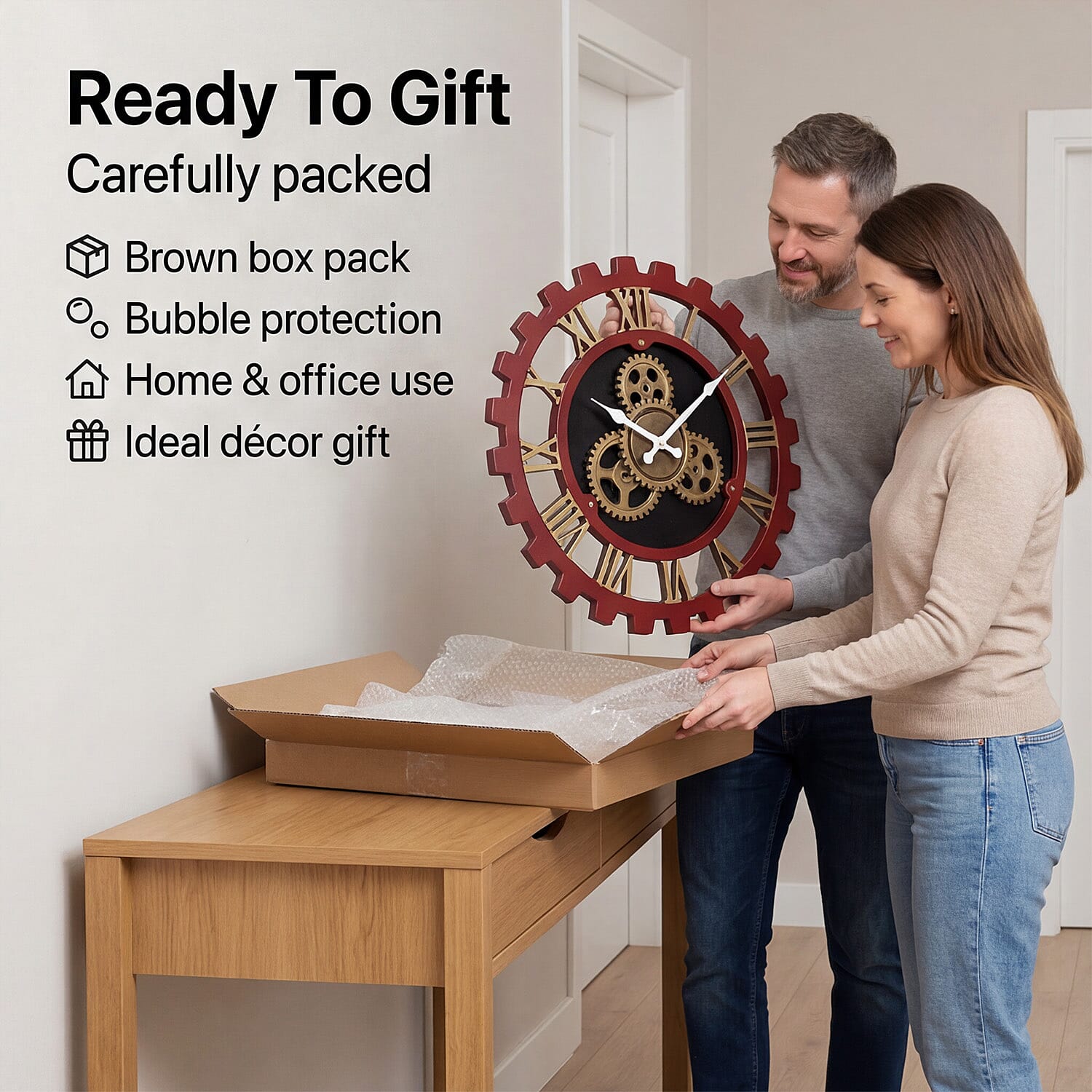 Rotating Gear Wall Clock Powered by 3 x AA Batteries (Not Included) - Red 50cm Diameter