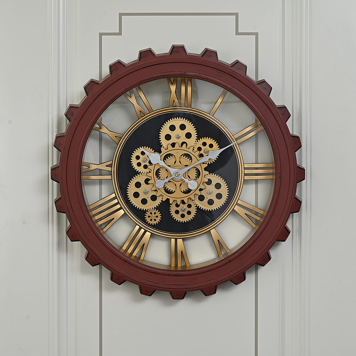 Rotating Gear Wall Clock Powered by 3 x AA Batteries (Not Included) - Red 50cm Diameter