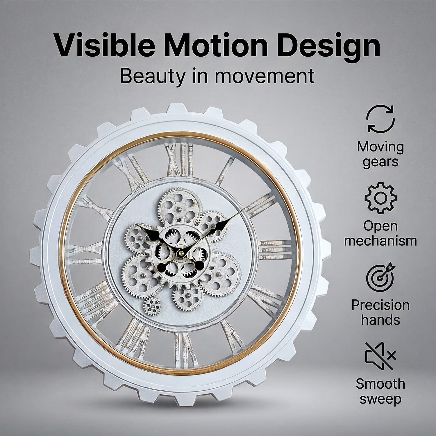 Rotating Gear Wall Clock Powered by 3 x AA Batteries (Not Included) -  White 50cm Diameter