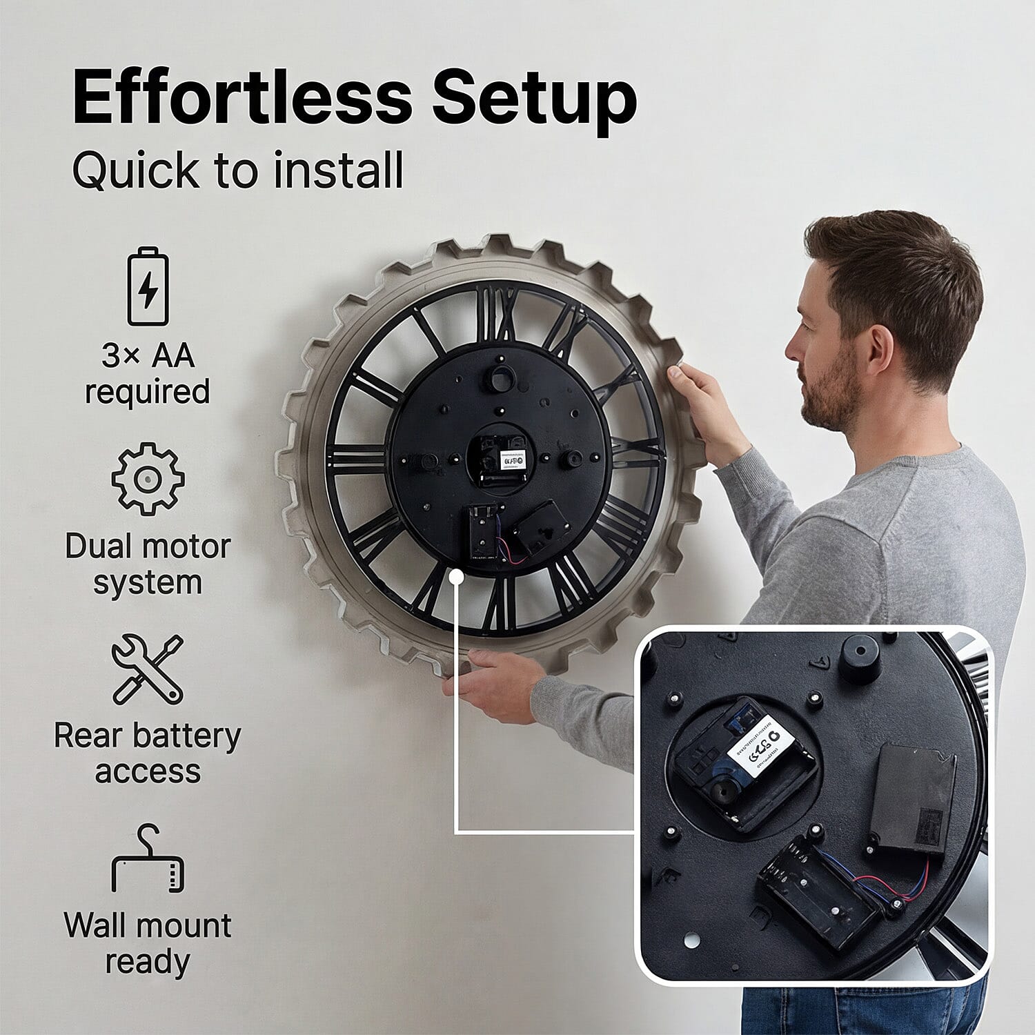 Rotating Gear Wall Clock Powered by 3 x AA Batteries (Not Included) -  White 50cm Diameter