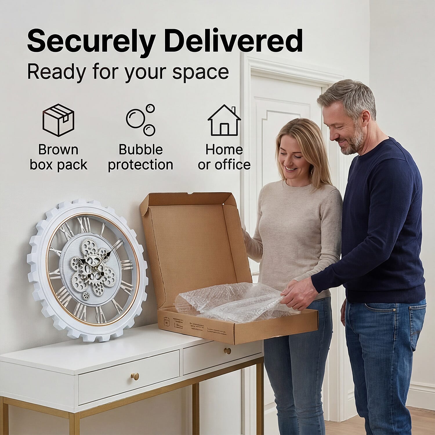 Rotating Gear Wall Clock Powered by 3 x AA Batteries (Not Included) -  White 50cm Diameter