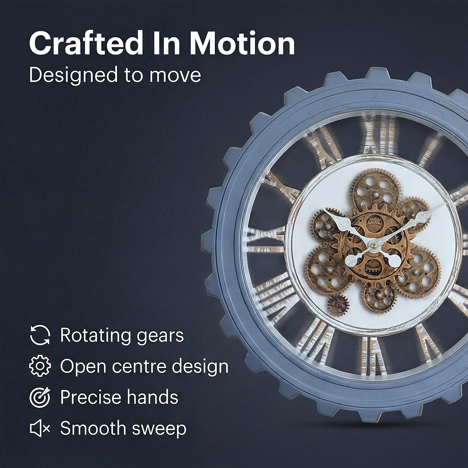 Rotating Gear Wall Clock Powered by 3 x AA Batteries (Not Included) - Blue 50cm Diameter