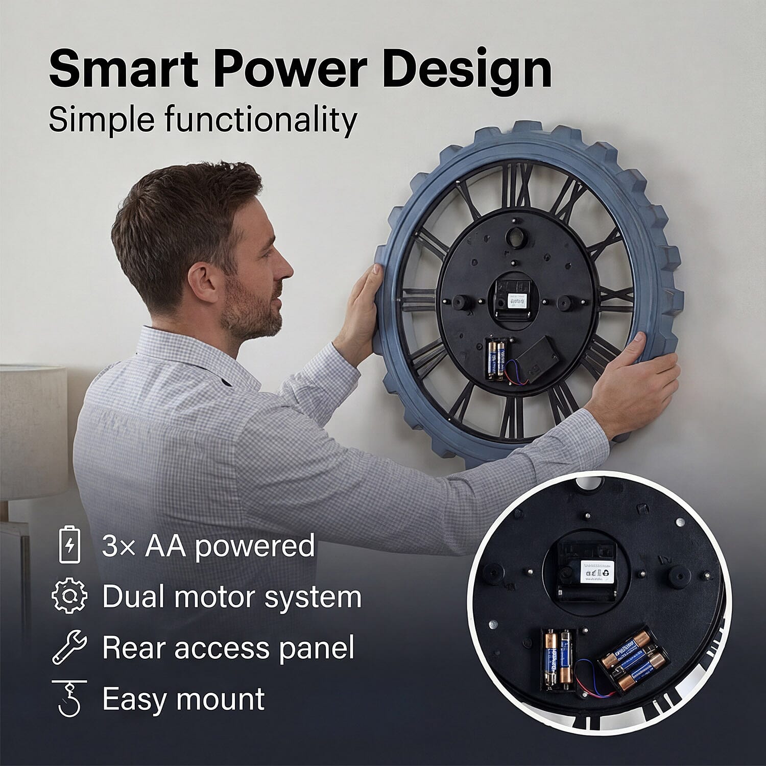 Rotating Gear Wall Clock Powered by 3 x AA Batteries (Not Included) - Blue 50cm Diameter