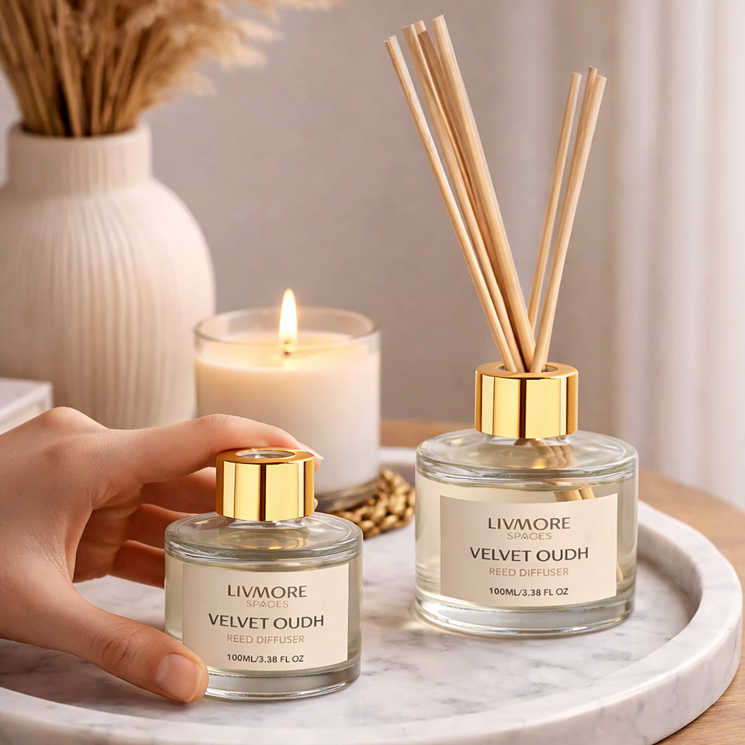 Livmore Set of 2 Velvet & Oudh Reed Diffuser with 4 Natural Reed Sticks - 100ml