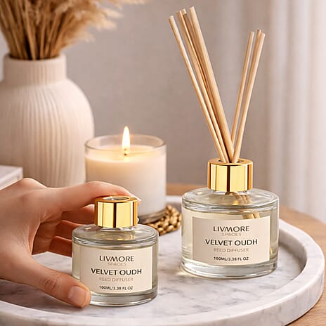 Livmore Set of 2 Velvet & Oudh Reed Diffuser with 4 Natural Reed Sticks - 100ml