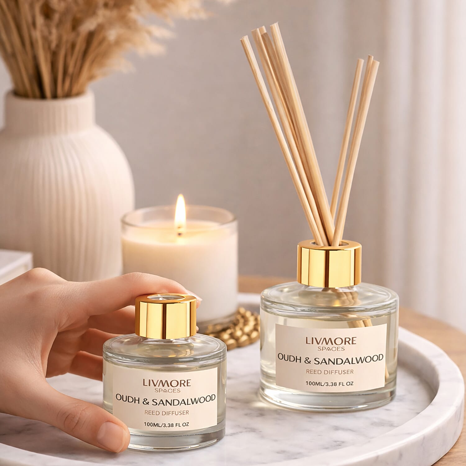Livmore Set of 2 Sandalwood Reed Diffuser with 4 Natural Reed Sticks - 100ml