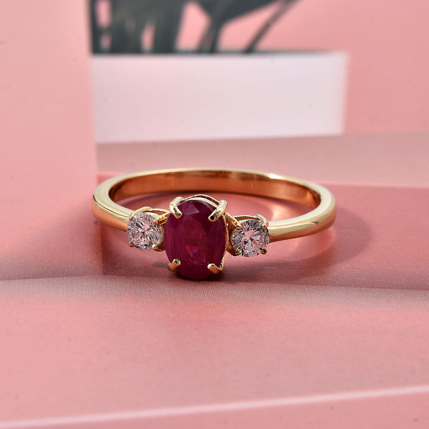 Luxuriant Mozambique Ruby & Lab Grown Diamond Ring in 18K Vermeil Yellow Gold Plated Sterling Silver 1.12 Ct.