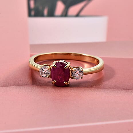 Luxuriant Mozambique Ruby & Lab Grown Diamond Ring in 18K Vermeil Yellow Gold Plated Sterling Silver 1.12 Ct.