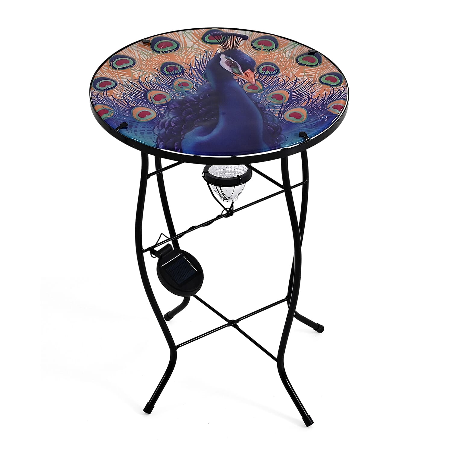 Peacock Design Round Glass Garden Table with Solar Powered LED (35.5 x 35.5 x 52.5 cm) - Multi Colour