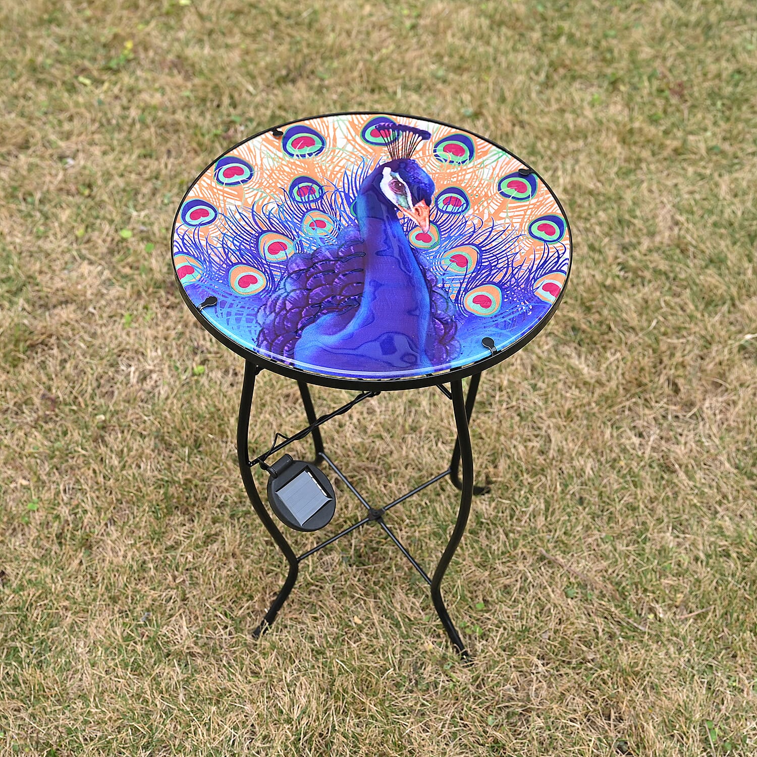 Peacock Design Round Glass Garden Table with Solar Powered LED (35.5 x 35.5 x 52.5 cm) - Multi Colour