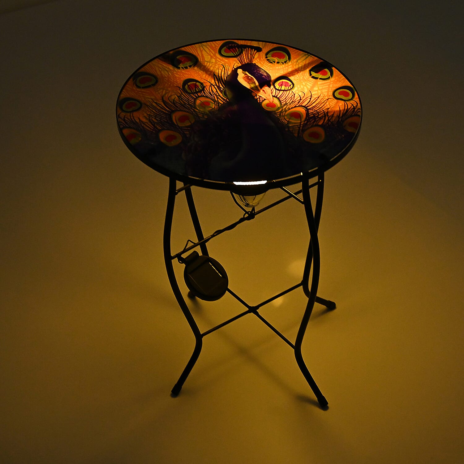 Peacock Design Round Glass Garden Table with Solar Powered LED (35.5 x 35.5 x 52.5 cm) - Multi Colour