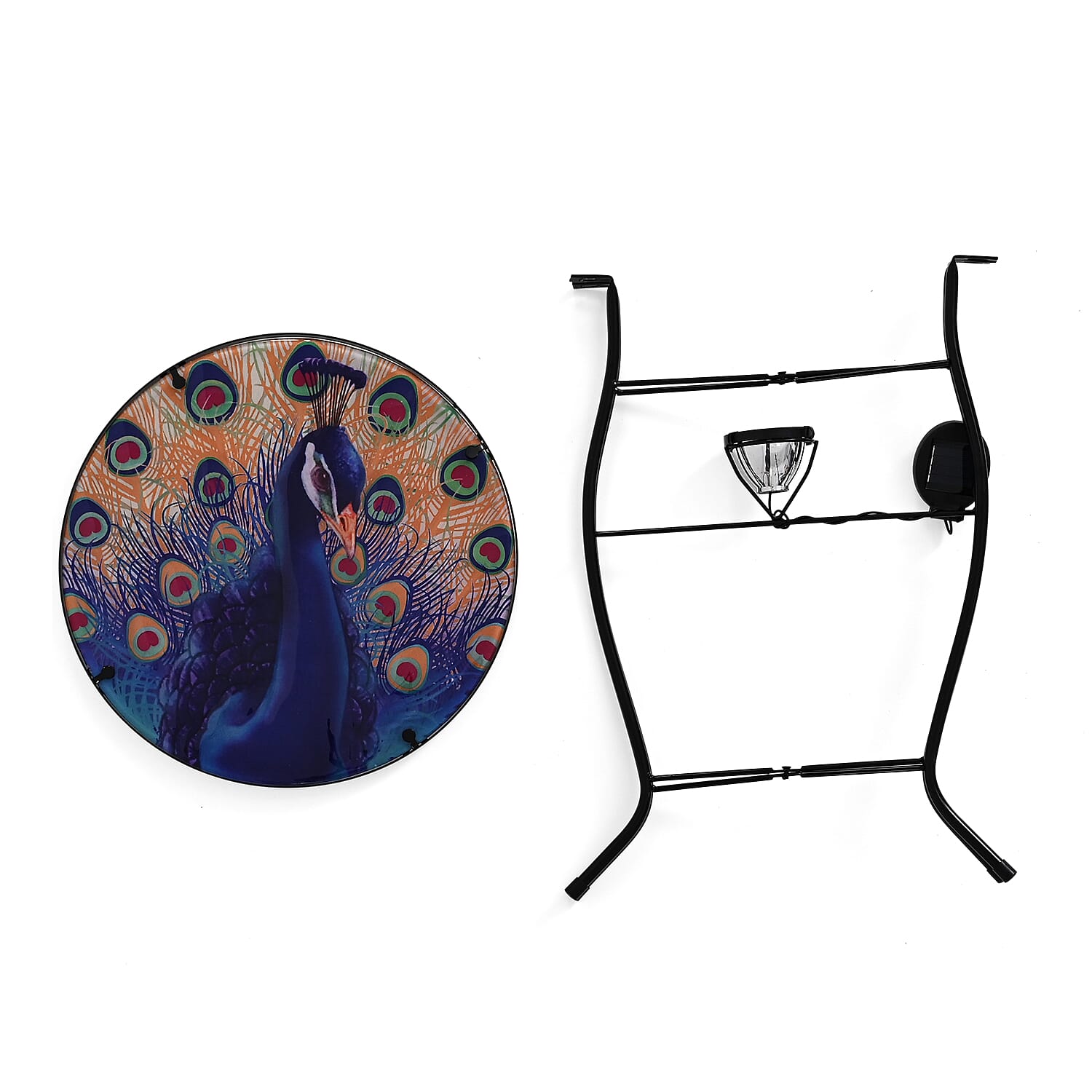 Peacock Design Round Glass Garden Table with Solar Powered LED (35.5 x 35.5 x 52.5 cm) - Multi Colour