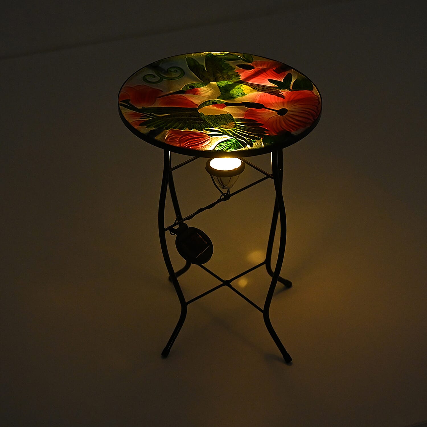 Floral - Bird Design Round Glass Garden Table with Solar Powered LED (35.5 x 35.5 x 52.5 cm) - Multi Colour