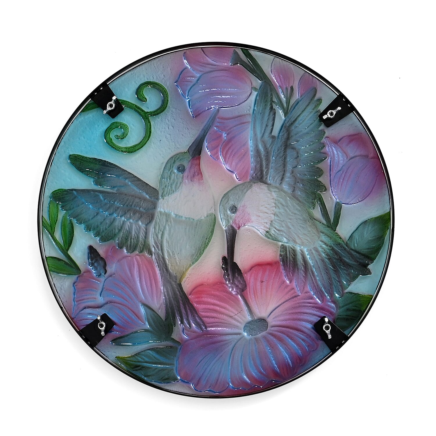 Floral - Bird Design Round Glass Garden Table with Solar Powered LED (35.5 x 35.5 x 52.5 cm) - Multi Colour