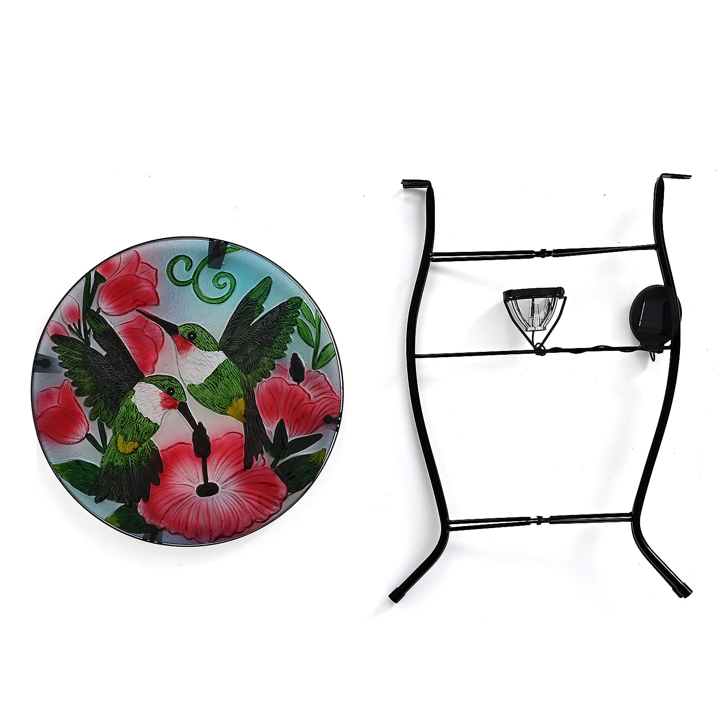 Floral - Bird Design Round Glass Garden Table with Solar Powered LED (35.5 x 35.5 x 52.5 cm) - Multi Colour