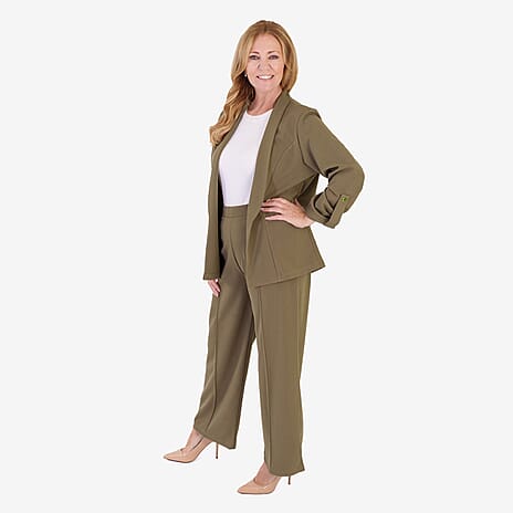 Anamor Crepe Pintuck Wideleg Trousers With Gold Button Detail (Size - 14) - Olive