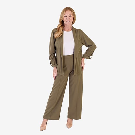 Anamor Crepe Pintuck Wideleg Trousers With Gold Button Detail (Size - 16) - Olive