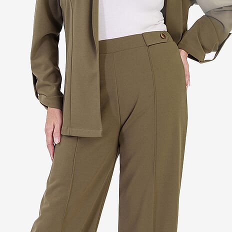 Anamor Crepe Pintuck Wideleg Trousers With Gold Button Detail  (Size - 18) - Olive