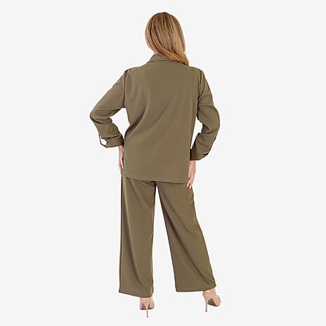 Anamor Crepe Pintuck Wideleg Trousers With Gold Button Detail (Size - 20) - Olive