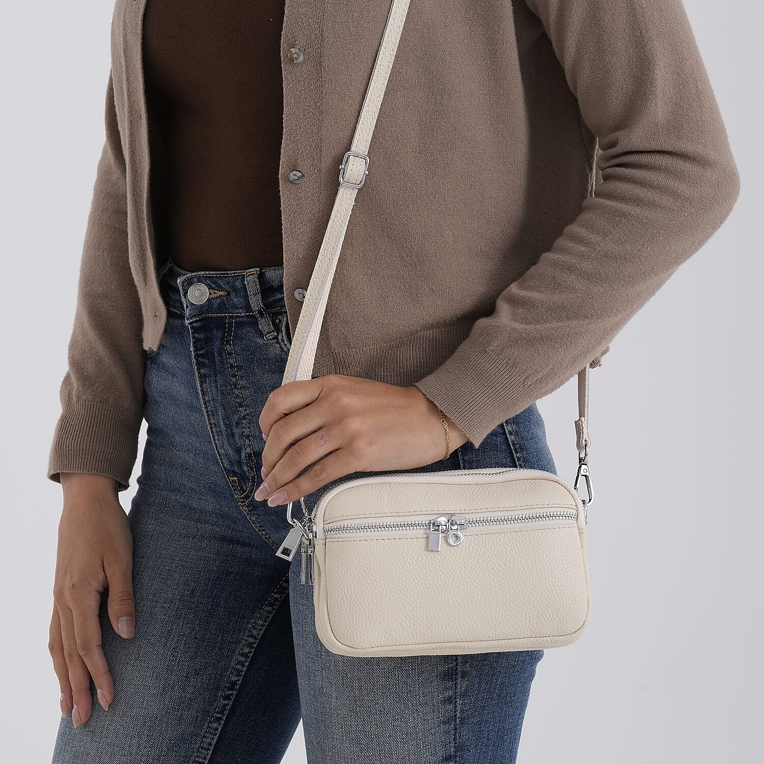 Genuine Leather Designer Minimalist Shoulder Bag - Off White
