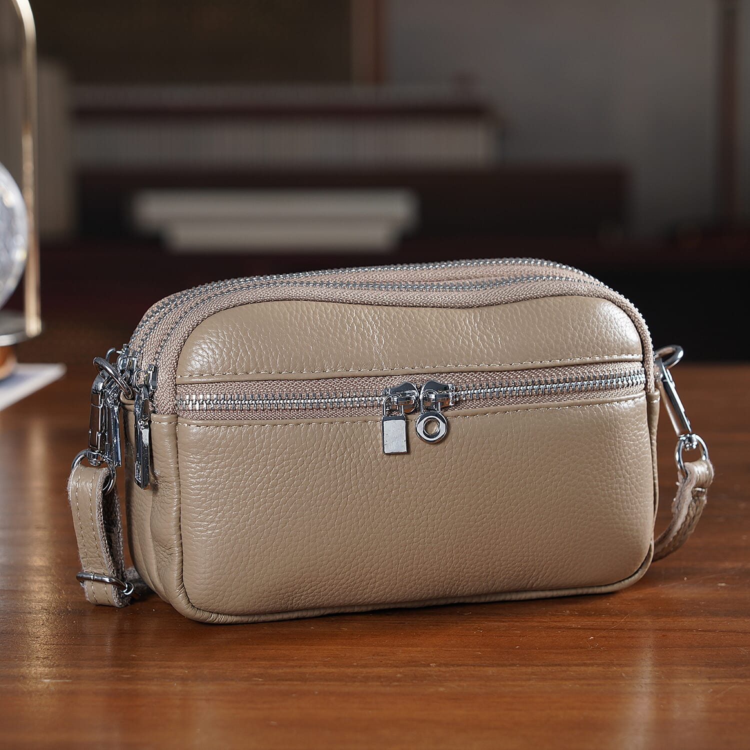 Genuine Leather Designer Minimalist Shoulder Bag - Khaki