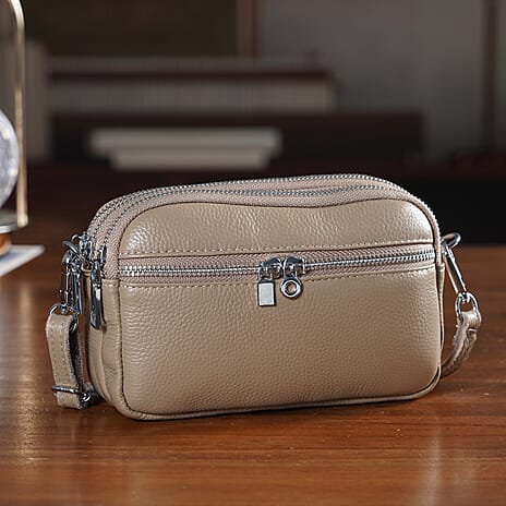 Genuine Leather Designer Minimalist Shoulder Bag - Khaki