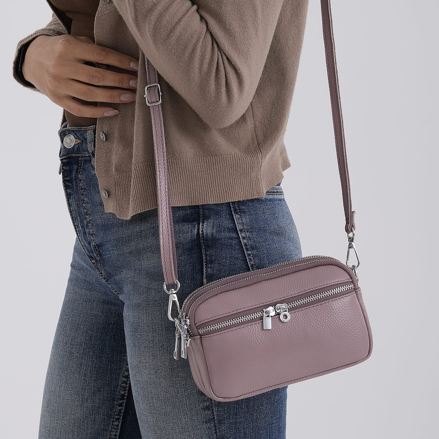 Genuine Leather Designer Minimalist Shoulder Bag - Dusty Pink