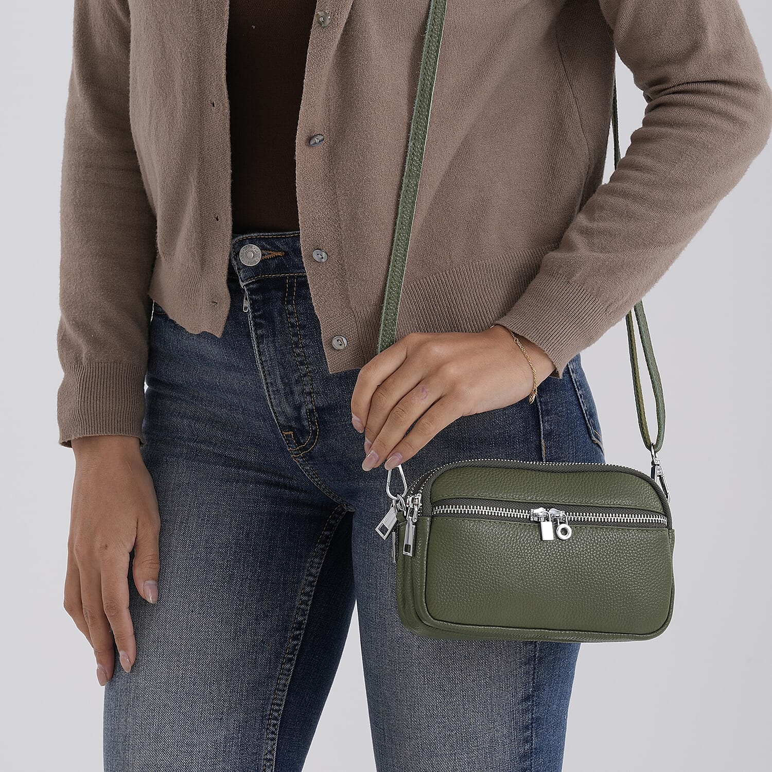 Genuine Leather Designer Minimalist Shoulder Bag - Olive Green