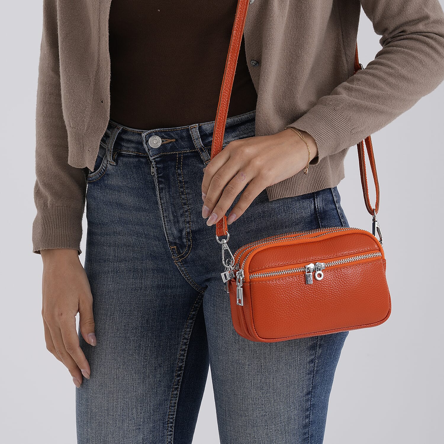 Genuine Leather Designer Minimalist Shoulder Bag - Orange