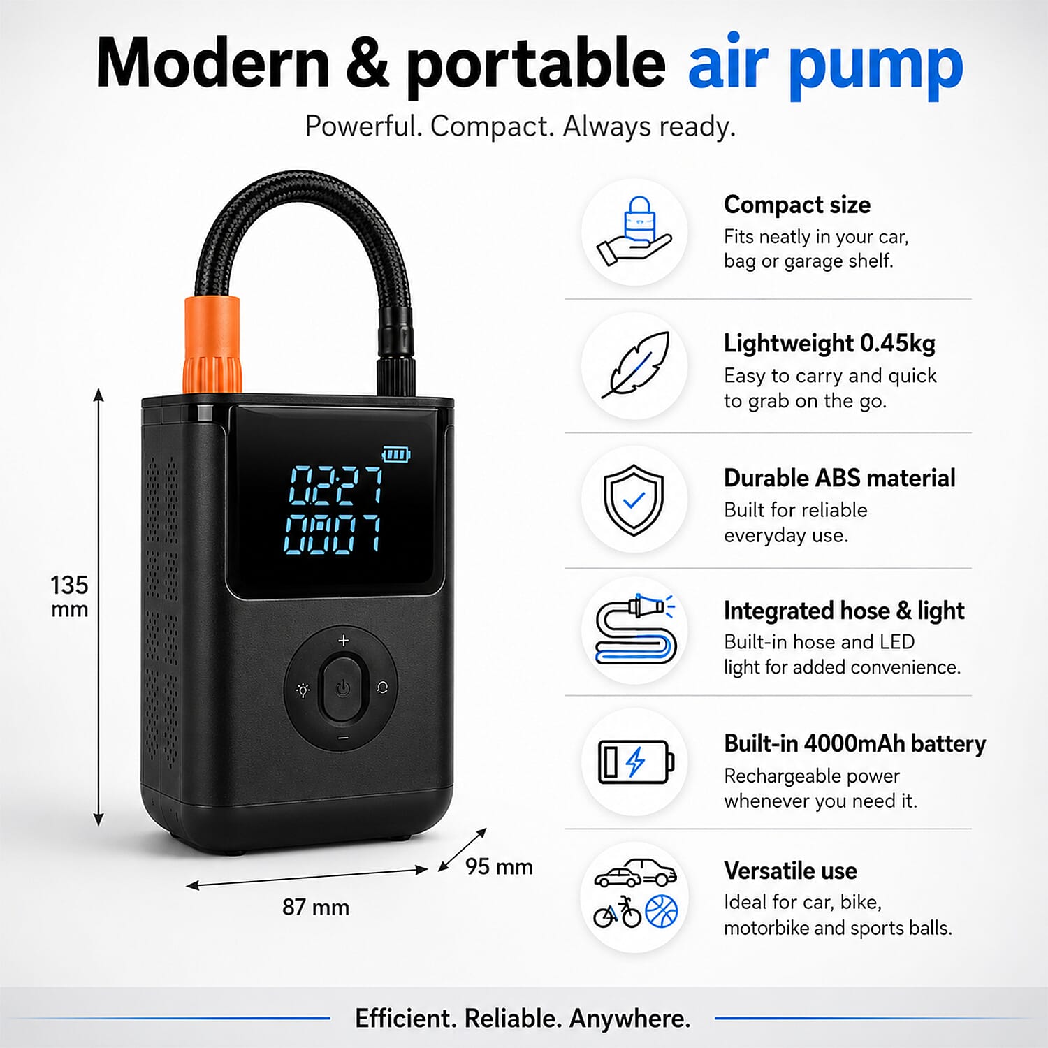 Portable Smart Air Pump - 4000mAh Rechargeable Tyre Inflator, 150 PSI Cordless Electric Pump with Power Bank Function - Black