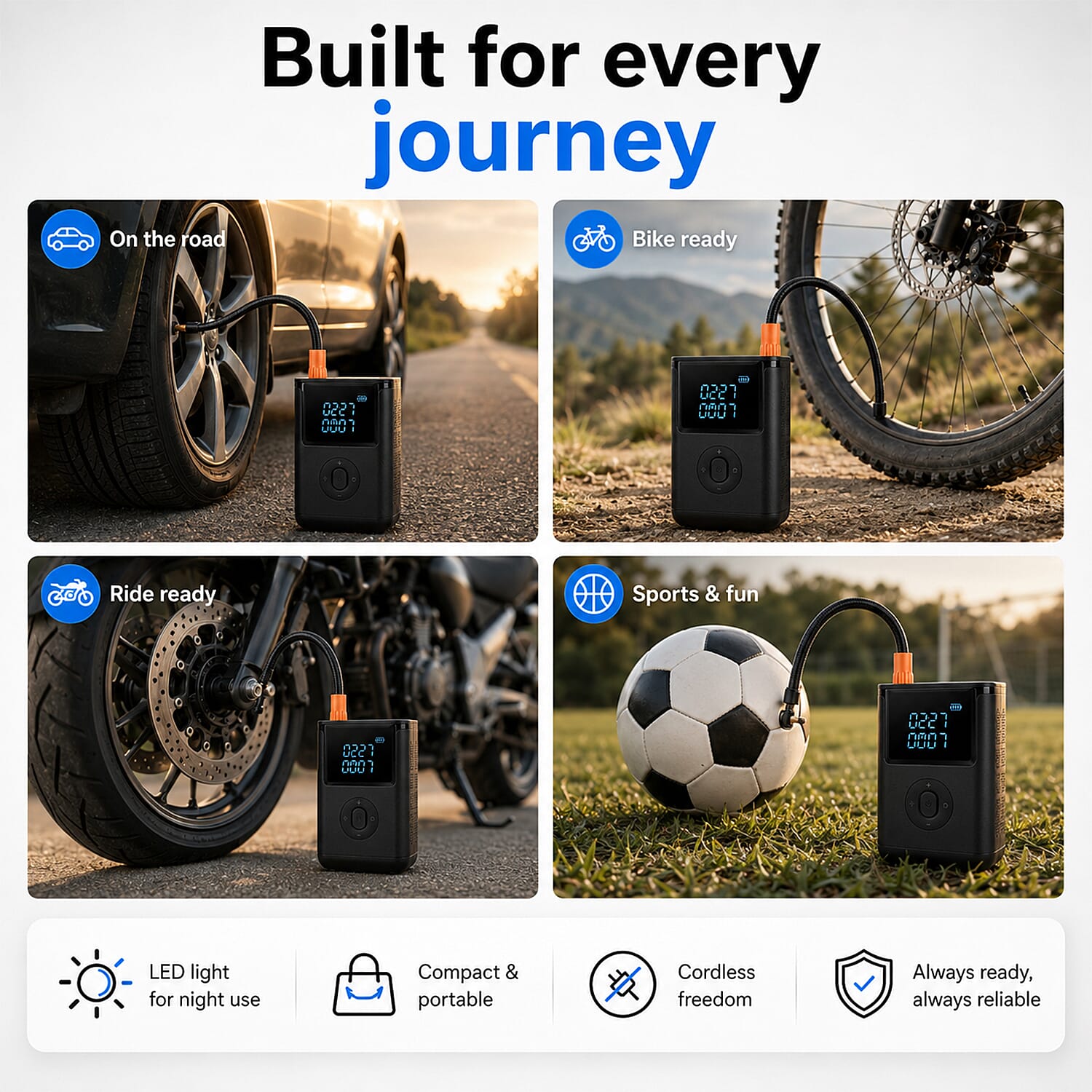 Portable Smart Air Pump - 4000mAh Rechargeable Tyre Inflator, 150 PSI Cordless Electric Pump with Power Bank Function - Black