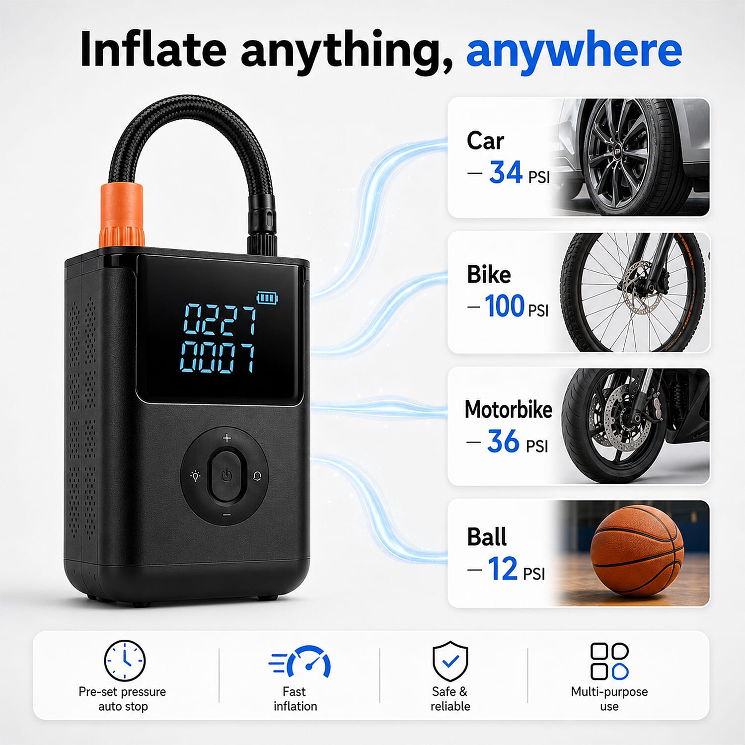 Portable Smart Air Pump - 4000mAh Rechargeable Tyre Inflator, 150 PSI Cordless Electric Pump with Power Bank Function - Black