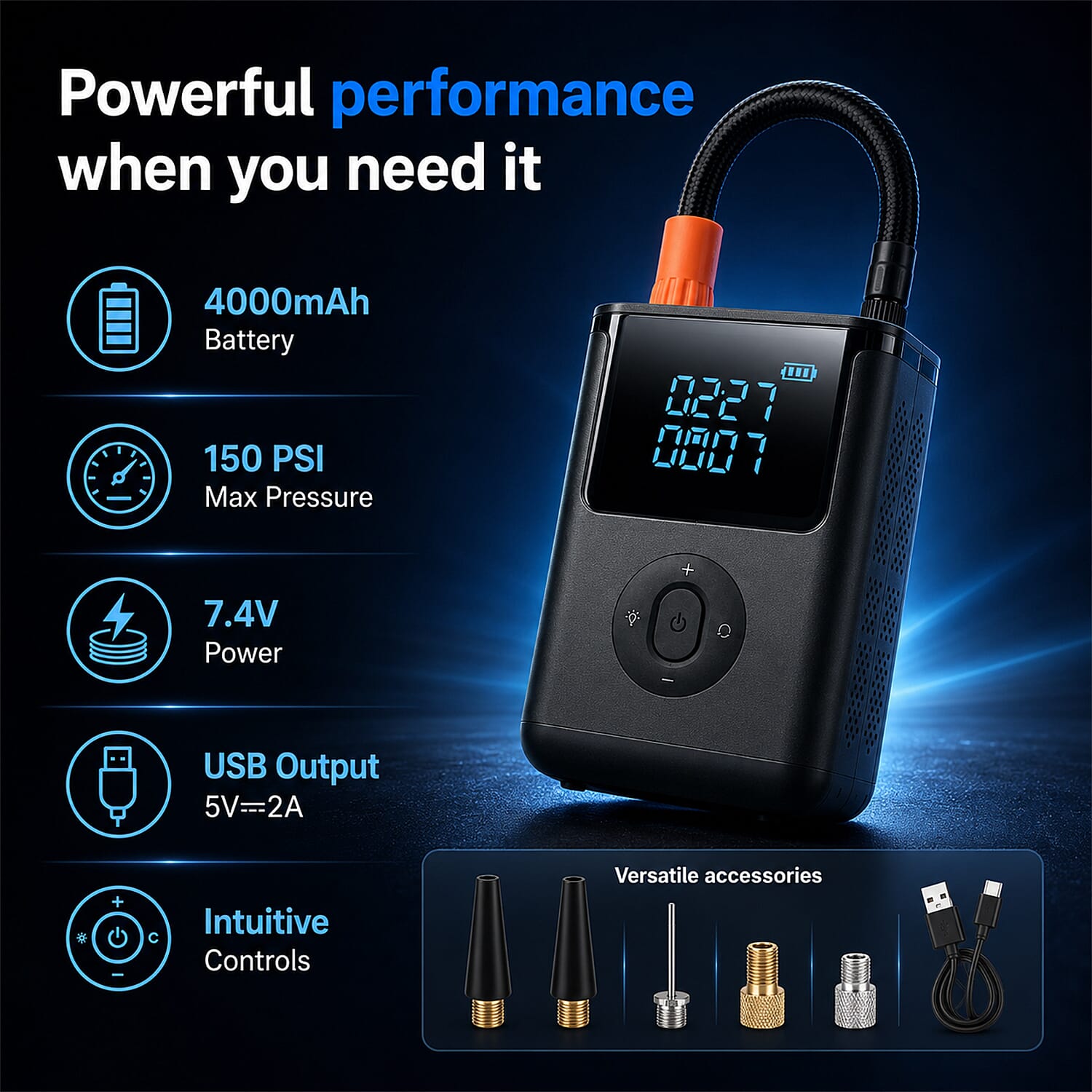 Portable Smart Air Pump - 4000mAh Rechargeable Tyre Inflator, 150 PSI Cordless Electric Pump with Power Bank Function - Black