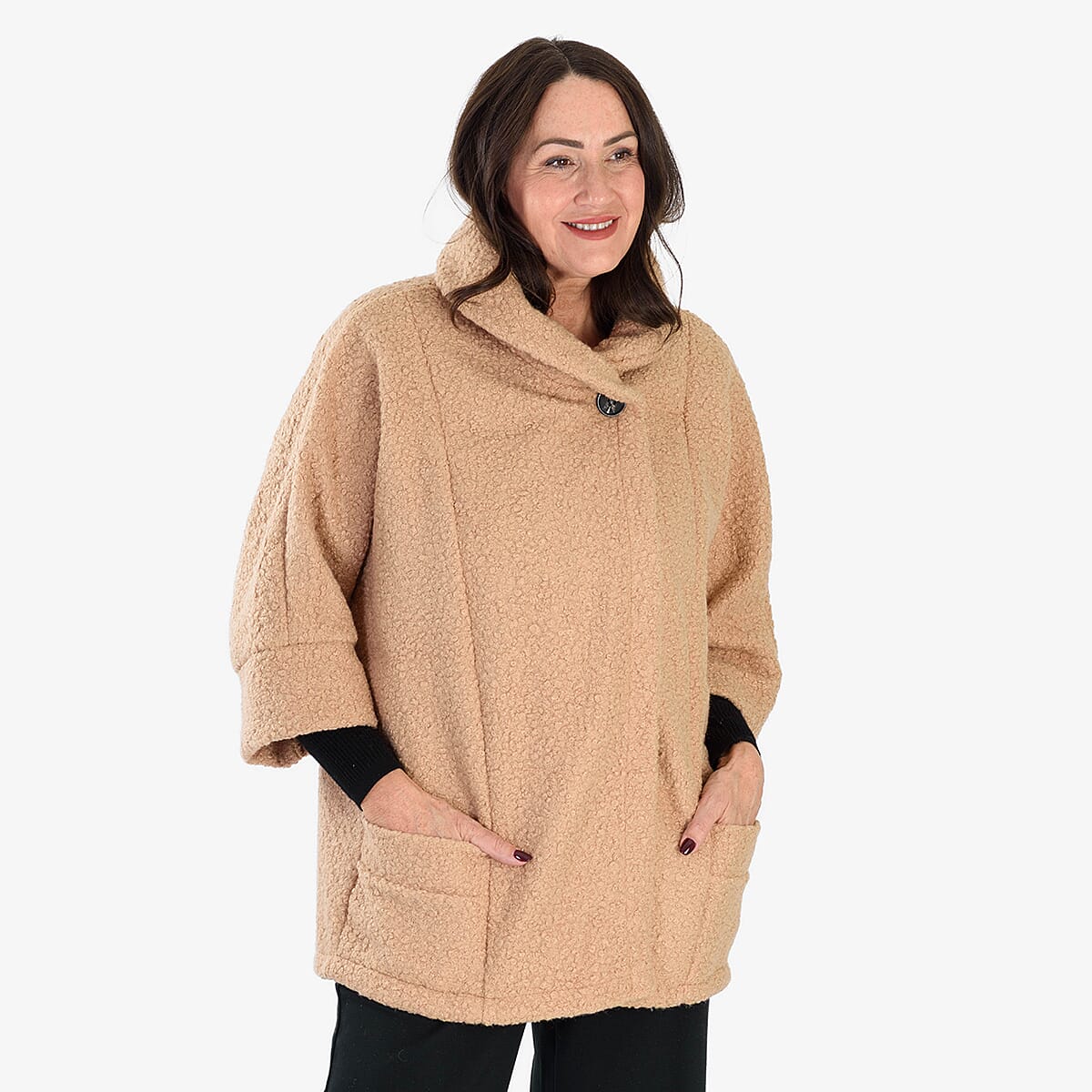 BIGGEST WINTER LAUNCH - Sugar Crisp Made In Italy One Button Boucle Coat With Pockets (One Size 8 to 22) - Camel