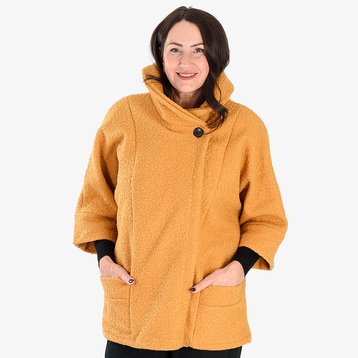 BIGGEST WINTER LAUNCH - Sugar Crisp Made In Italy One Button Boucle Coat With Pockets (One Size) - Mustard