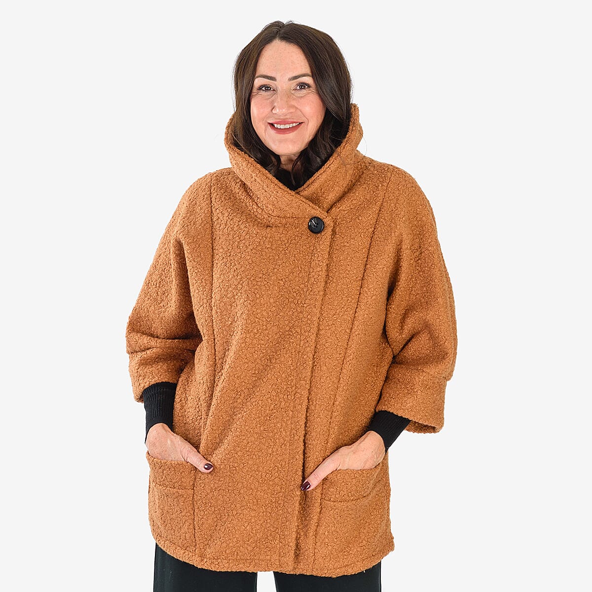 Sugar Crisp Made In Italy One Button Boucle Coat With Pockets (One Size 8 to 22) - Brown