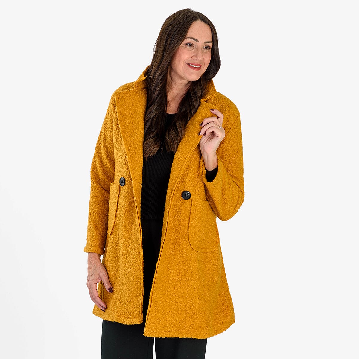 Sugar Crisp Made In Italy Two Button Boucle Coat With Pockets (One Size) - Mustard