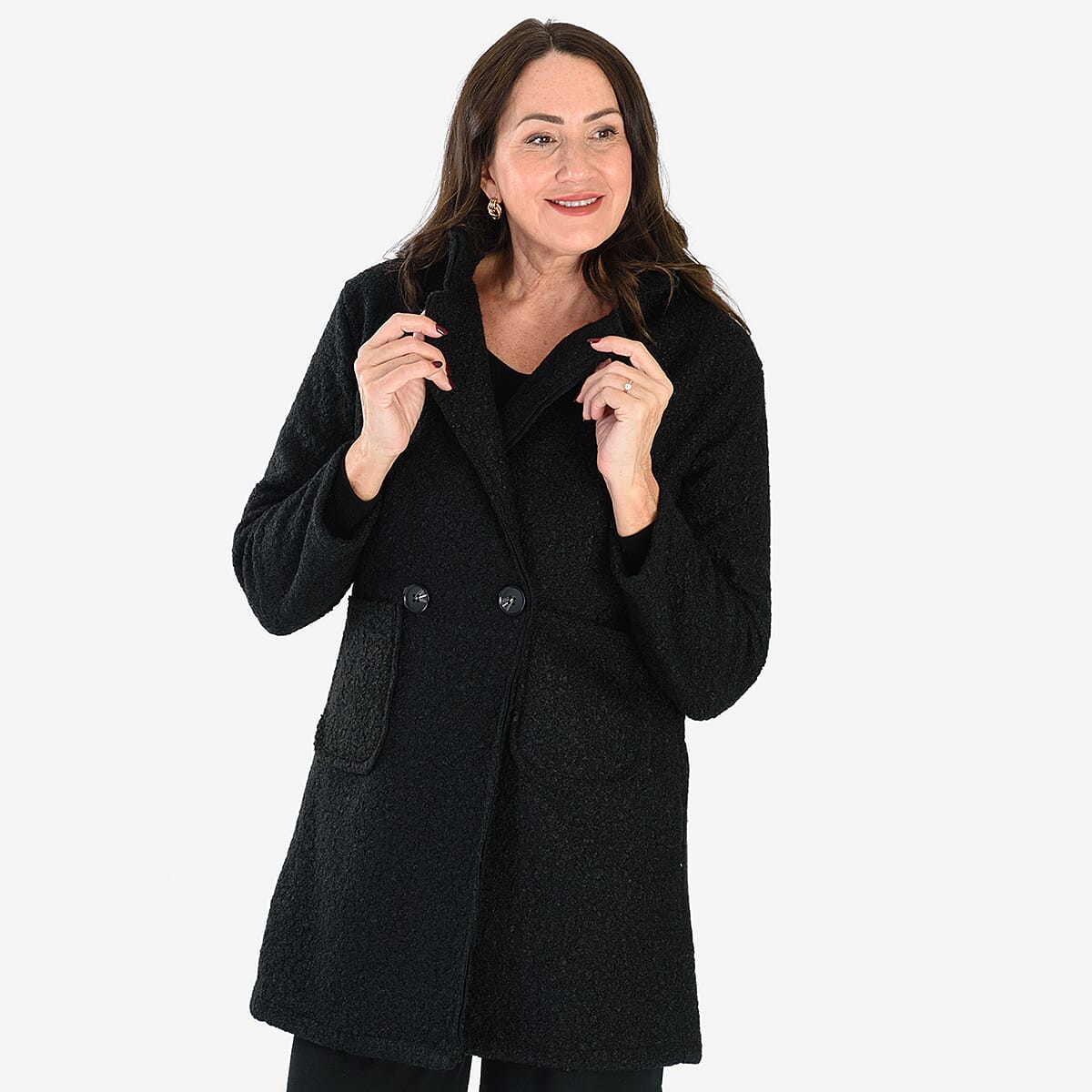 Sugar Crisp Made In Italy Two Button Boucle Coat With Pockets (One Size) - Black