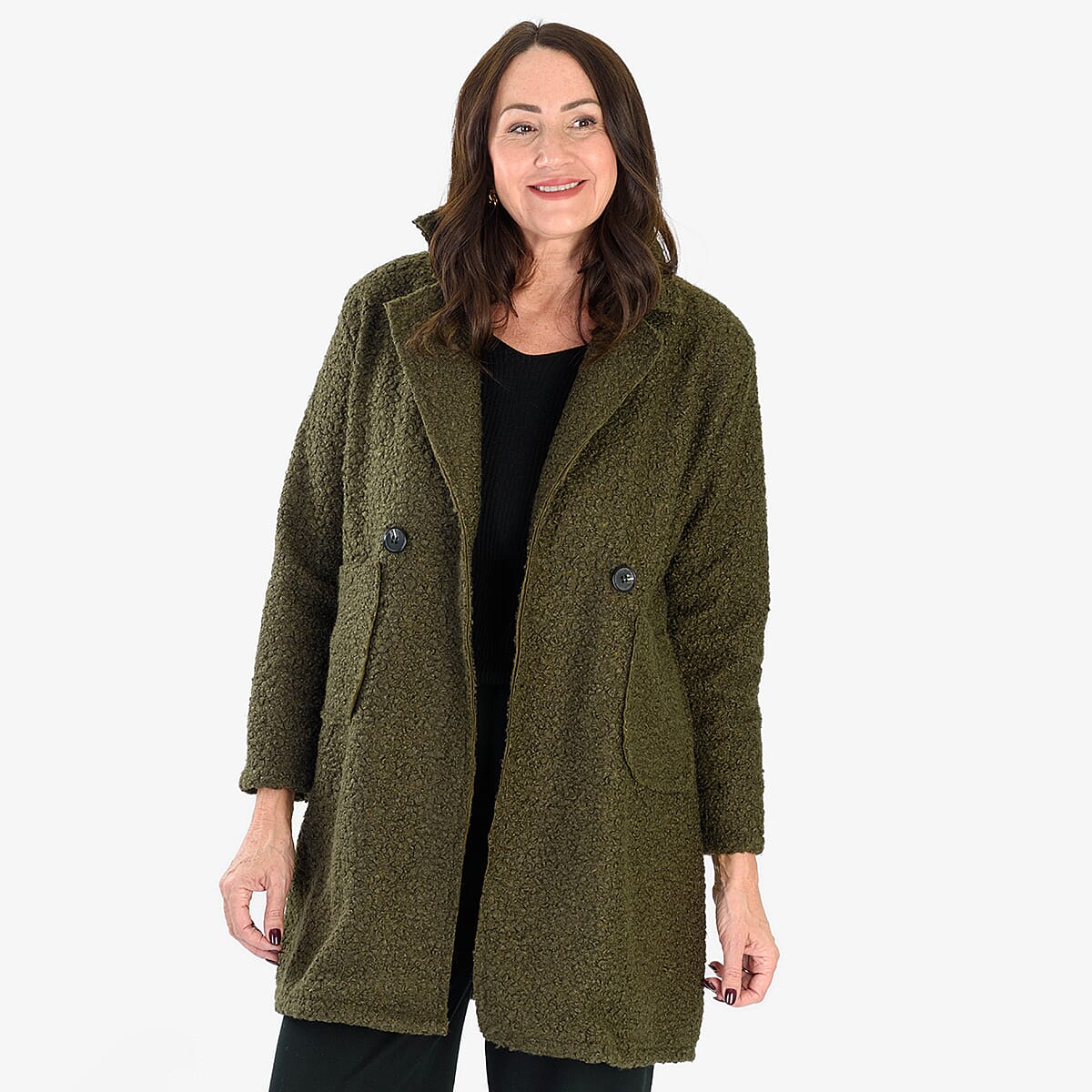 Sugar Crisp Made In Italy Two Button Boucle Coat With Pockets (One Size) - Khaki