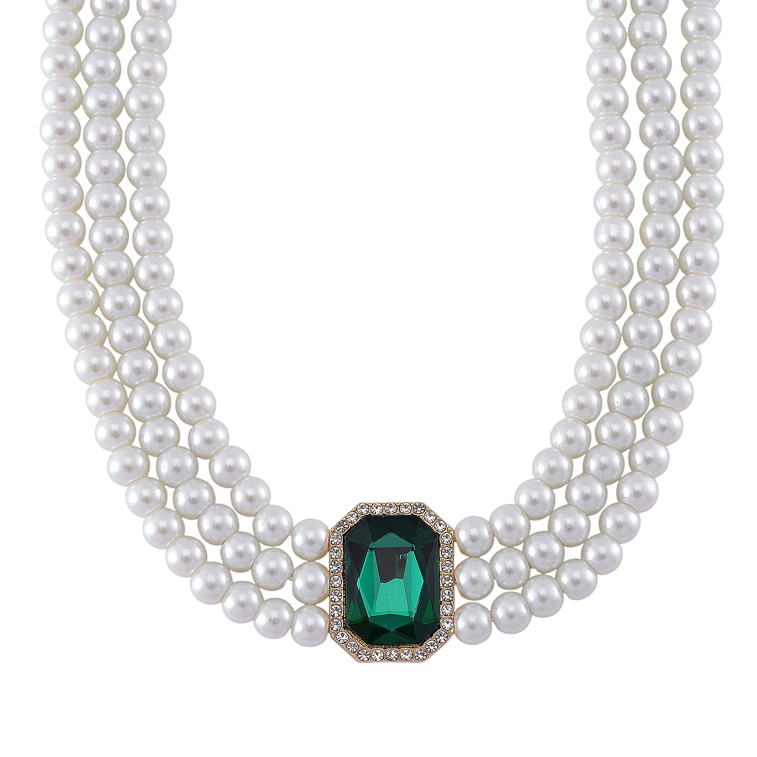 White Crystal, Green and White Glass Pearl Choker Necklace (Size - 16) 0.03 Ct.