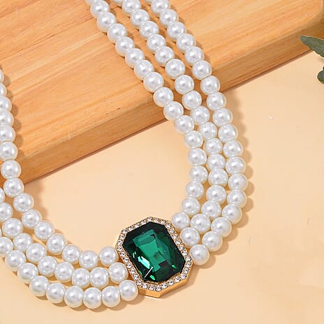 White Glass Pearl Choker Necklace (Size - 16-4 Inch Ext) with White Crystal and Green Glass