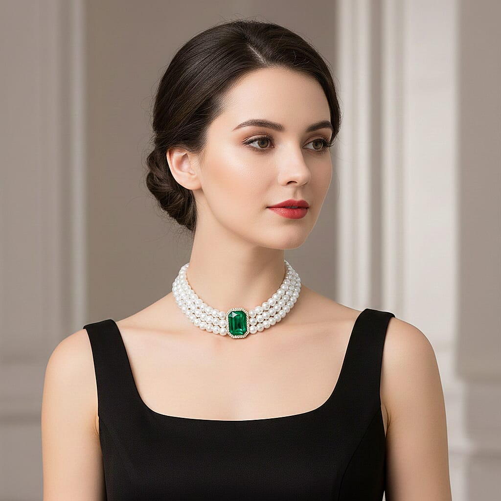 White Crystal, Green and White Glass Pearl Choker Necklace (Size - 16) 0.03 Ct.