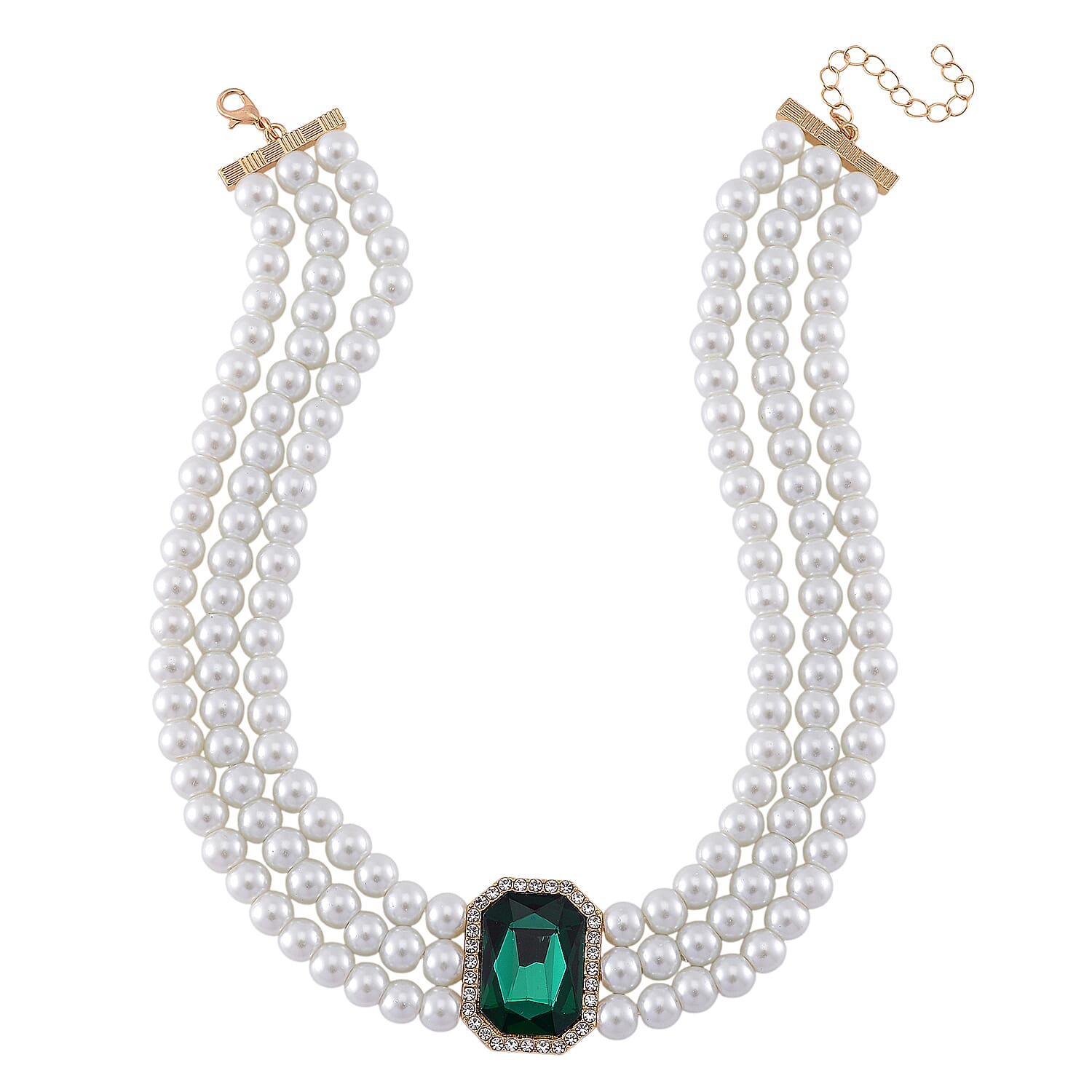 White Crystal, Green and White Glass Pearl Choker Necklace (Size - 16) 0.03 Ct.