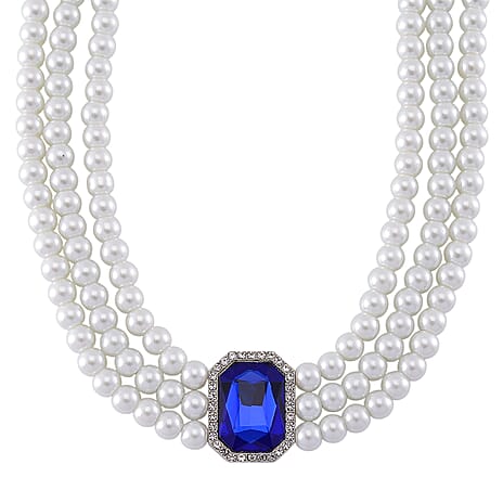 White Crystal, Blue and White Glass Pearl Choker Necklace (Size - 16) 0.03 Ct.