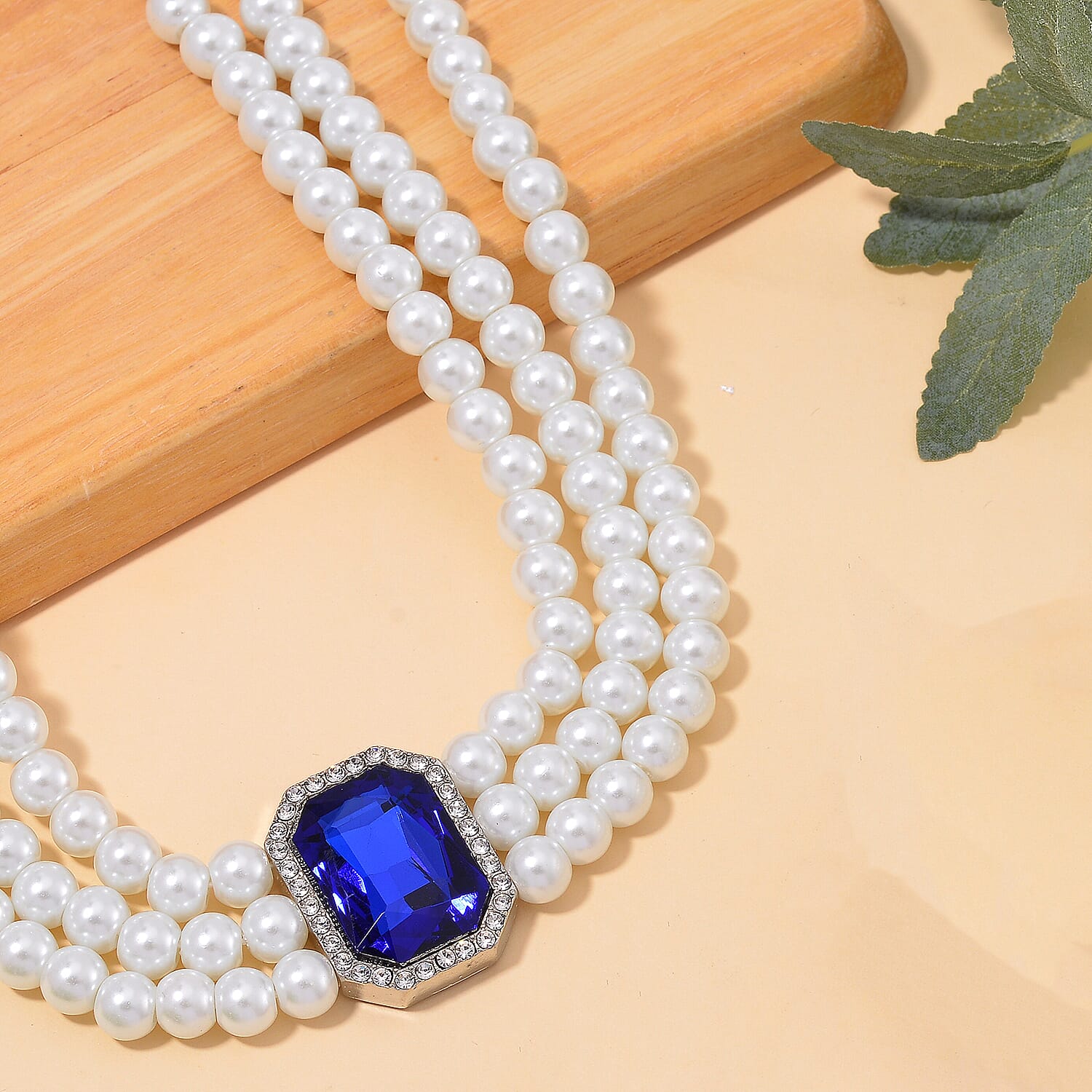 White Crystal, Blue and White Glass Pearl Choker Necklace (Size - 16) 0.03 Ct.