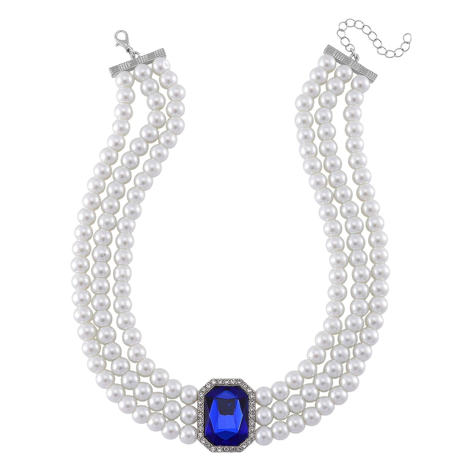 White Crystal, Blue and White Glass Pearl Choker Necklace (Size - 16) 0.03 Ct.